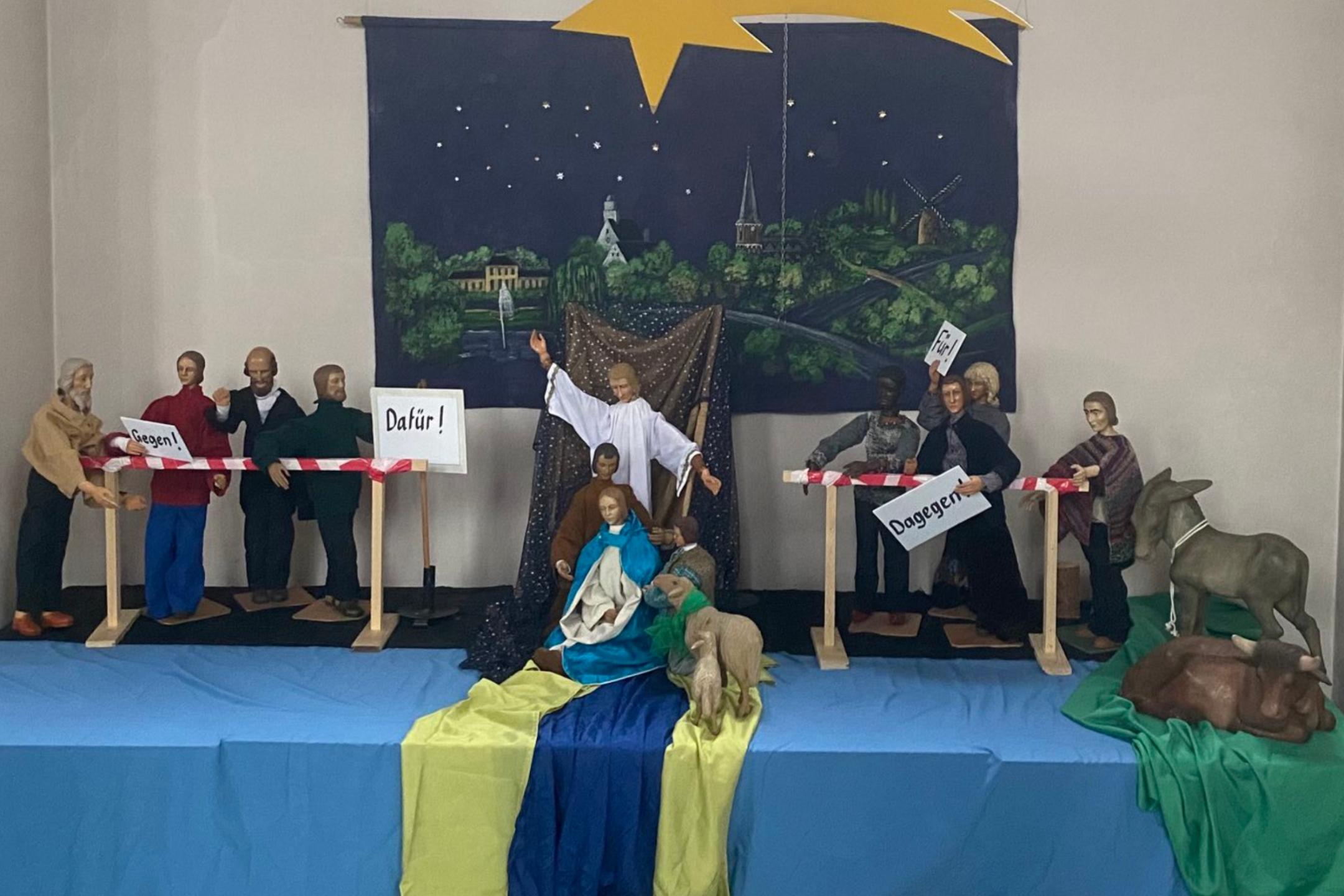 Krippendrastellung mit moderner Interpratione: Gruppe Dafür+ Gruppe Dagegen - unversöhnlich gegeneinander