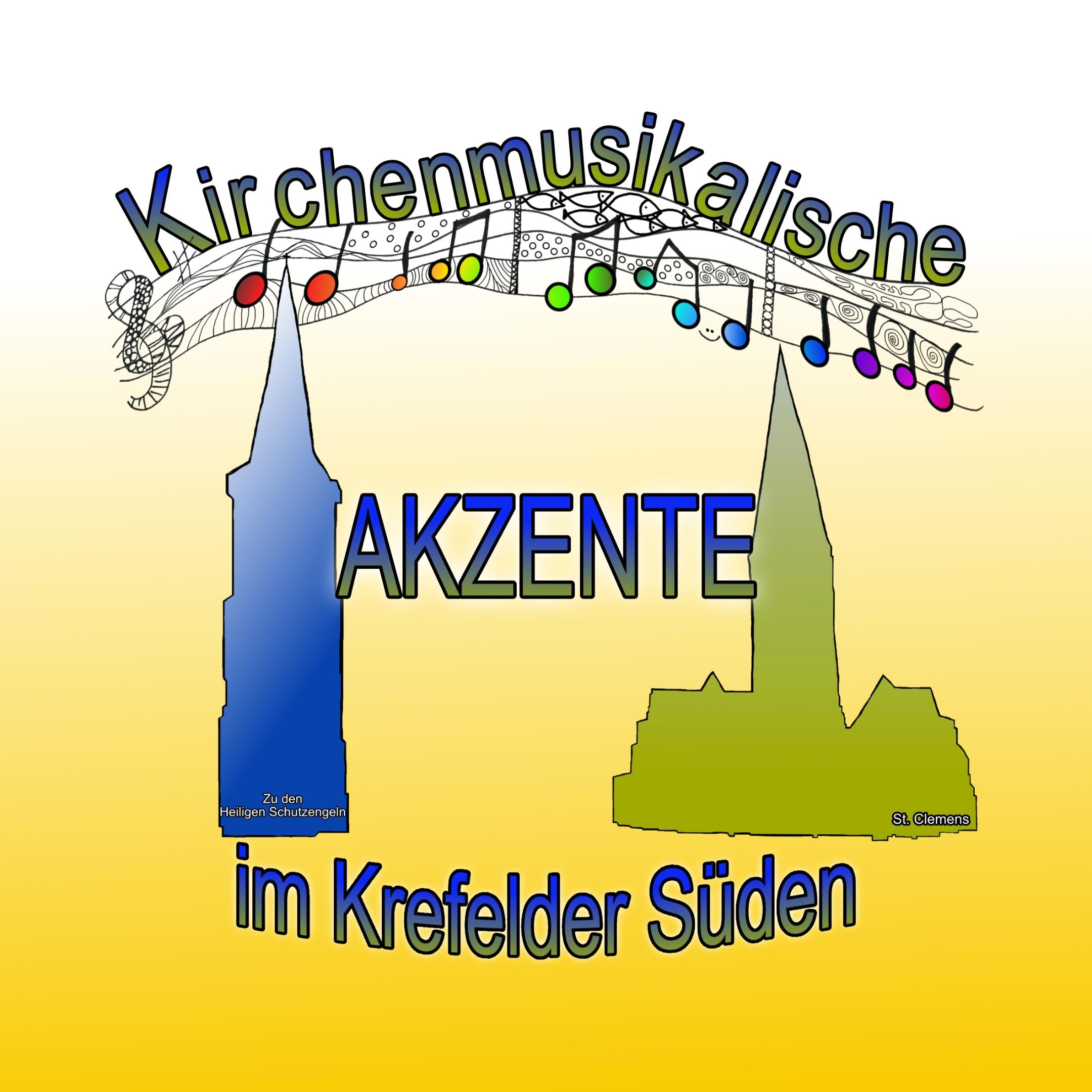 Notenlinien mit farbigen Noten verbinden zwei Kirchtürme, dazwischen Titel