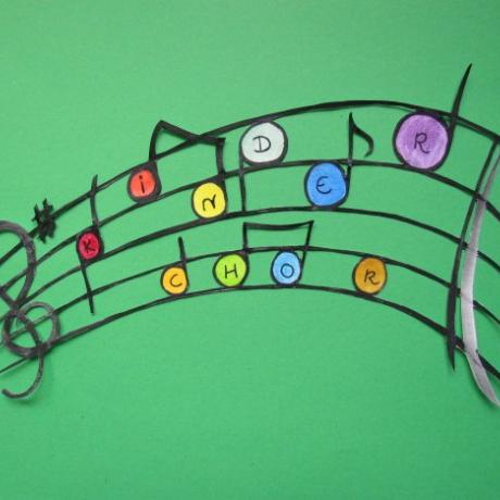 Notenband mit farbigen Noten. In den Noten stehen die Buchstaben 'Kinderchor'