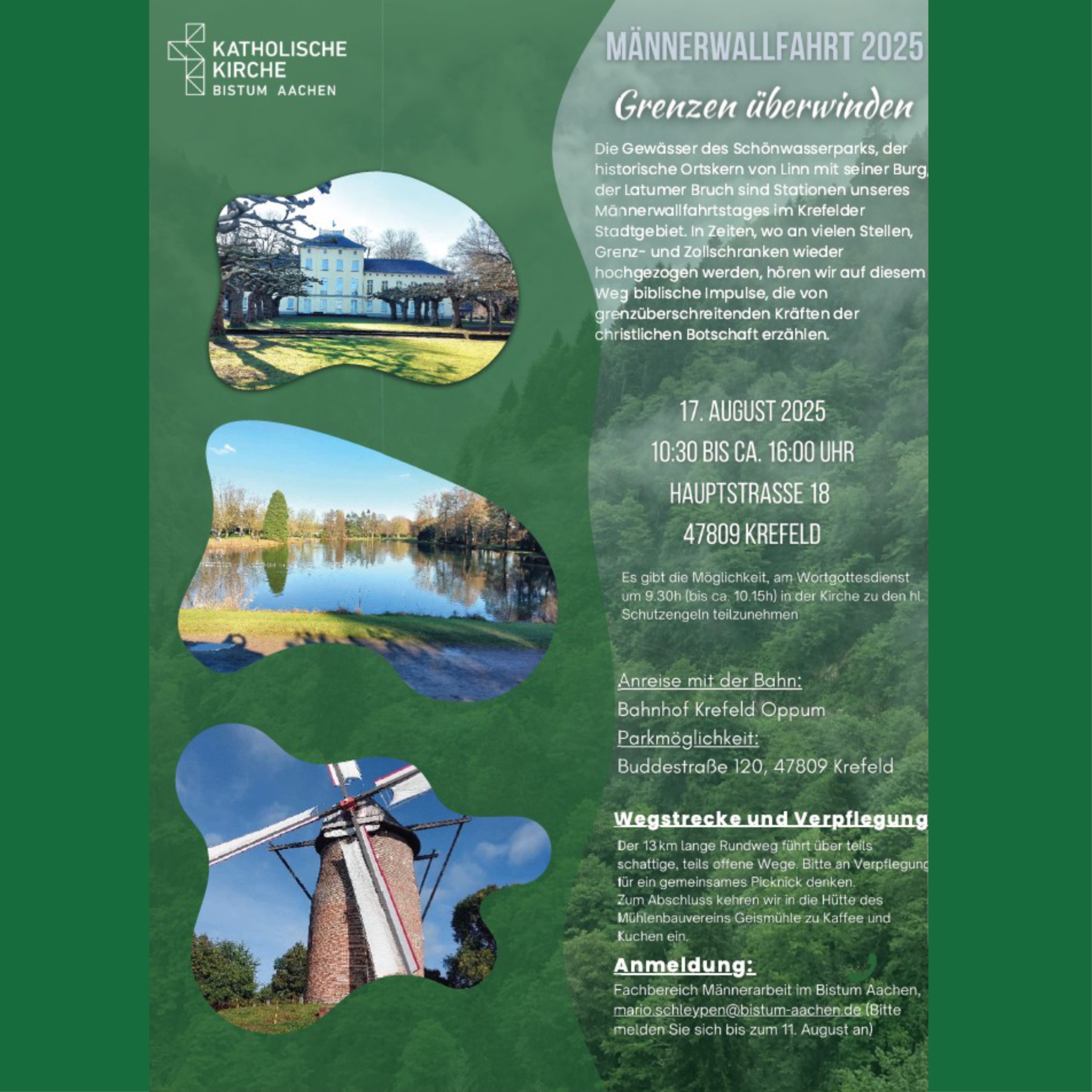 Plakat auf grünem Hintergrund mit drei Fotoausschnitten aus dem Schönwasserpark und der Geismühle, daneben informierender Text