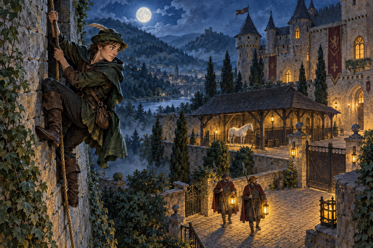 Ein junger Robin Hood klettert die Mauer im Mondschein hoch, schaut zurück auf die Stadt, die beleuchtet ist.