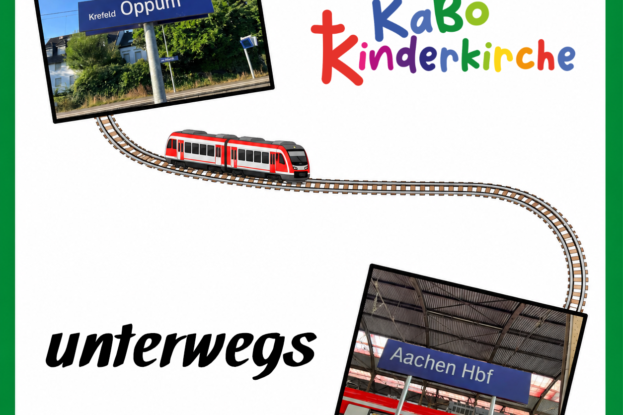 In einem grünen Rahmen zwei Bilder von Bahnstationen (Krefeld-Oppum und Aachen HBF), bunter Schriftzug KaBo Kinderkirche,  ein Zug auf Gleisen, der beide Fotos verbindet und der Schriftzug 'unterwegs'.